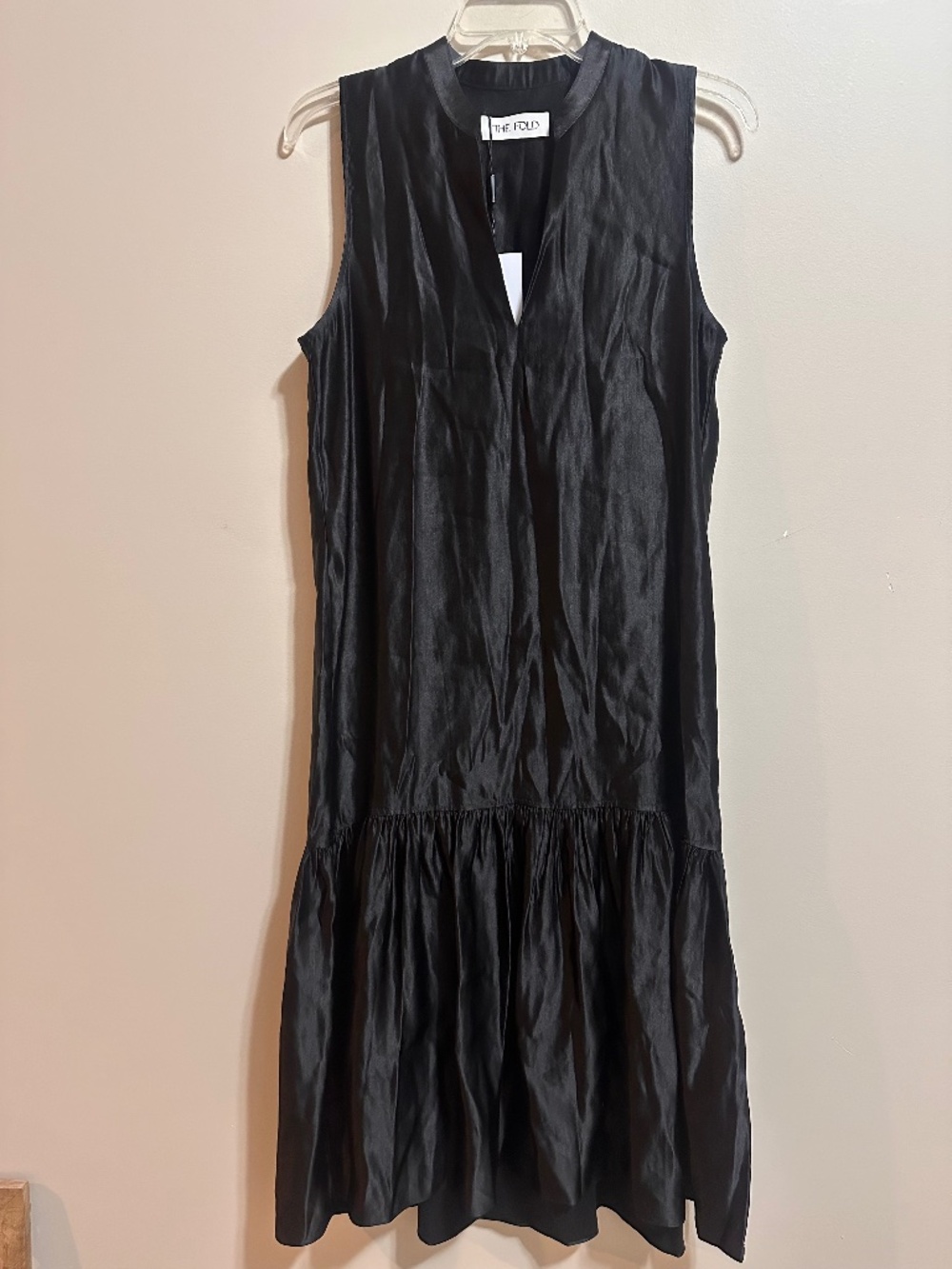 The fold black linen silk dress
